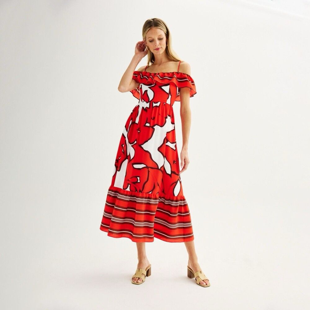 NINE West Maxi Dress Size XL Shoulder Lined Red White Multi Color New